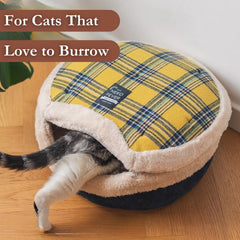 Urnat Cat Cave Bed detachable lid closeup showing buttoned fit for flexible setup.