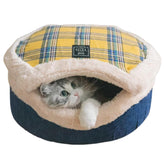 Urnat Cat Cave Bed plush yellow full view, inviting cozy hideaway for restful naps.