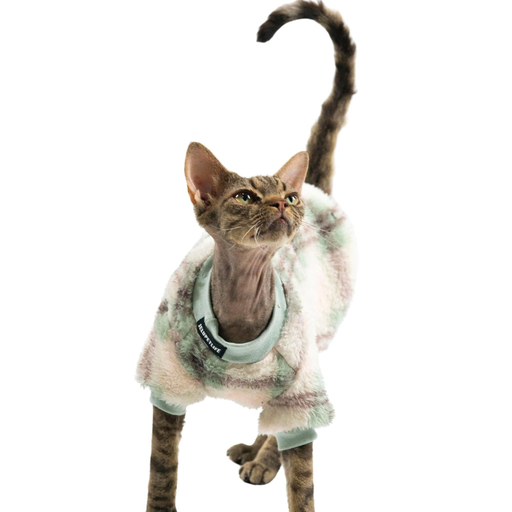 Urnat cat double-sided fleece clothes green front view showing snug fit for hairless cats