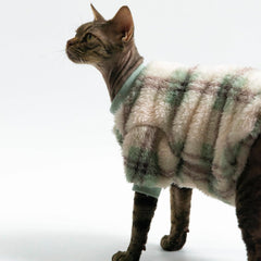 Urnat cat double-sided fleece clothes green plaid pattern on stylish indoor cat