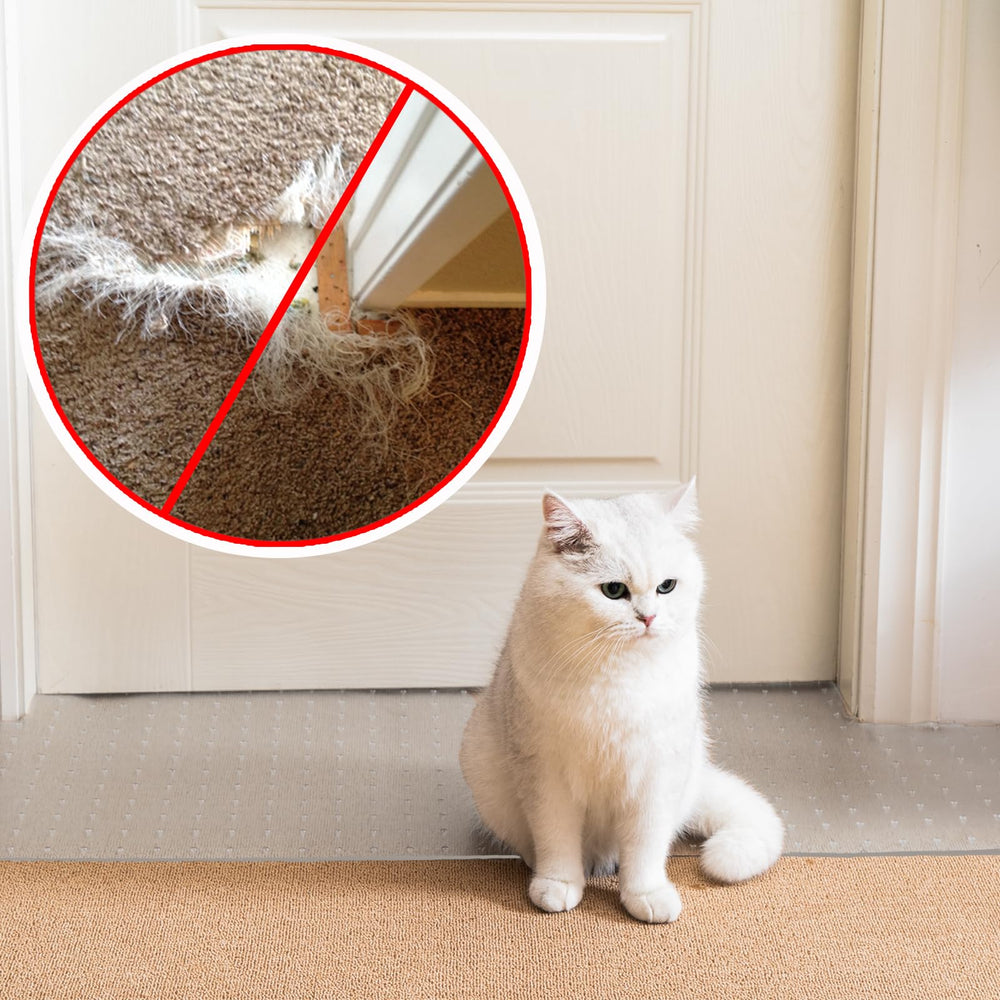 Uross carpet protector for pets in doorway shields carpet from scratches.