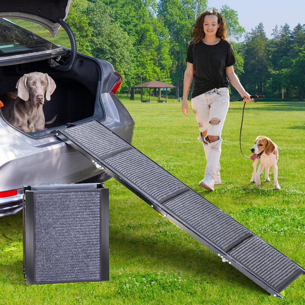 Uross dog ramp 63 inches in car showing non-slip surface for safe entry.