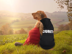 Uteuvili dog hoodie back with security print for stylish safety.