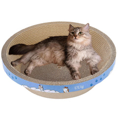 UUig cat scratcher bed front view highlighting durable cardboard construction for lounging.