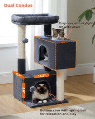 UYMI 32 inch cat tree two pompons stimulate playful engagement.