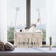 VAESCOL Cat Window Perch Macrame Bed offers sunlit lounging and elevated viewing.