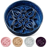 Vancasso ceramic slow-feeder dog bowl with floral maze slows meals up to 10x, blue.