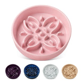 Vancasso ceramic slow-feeder dog bowl with pink floral maze for mindful eating.