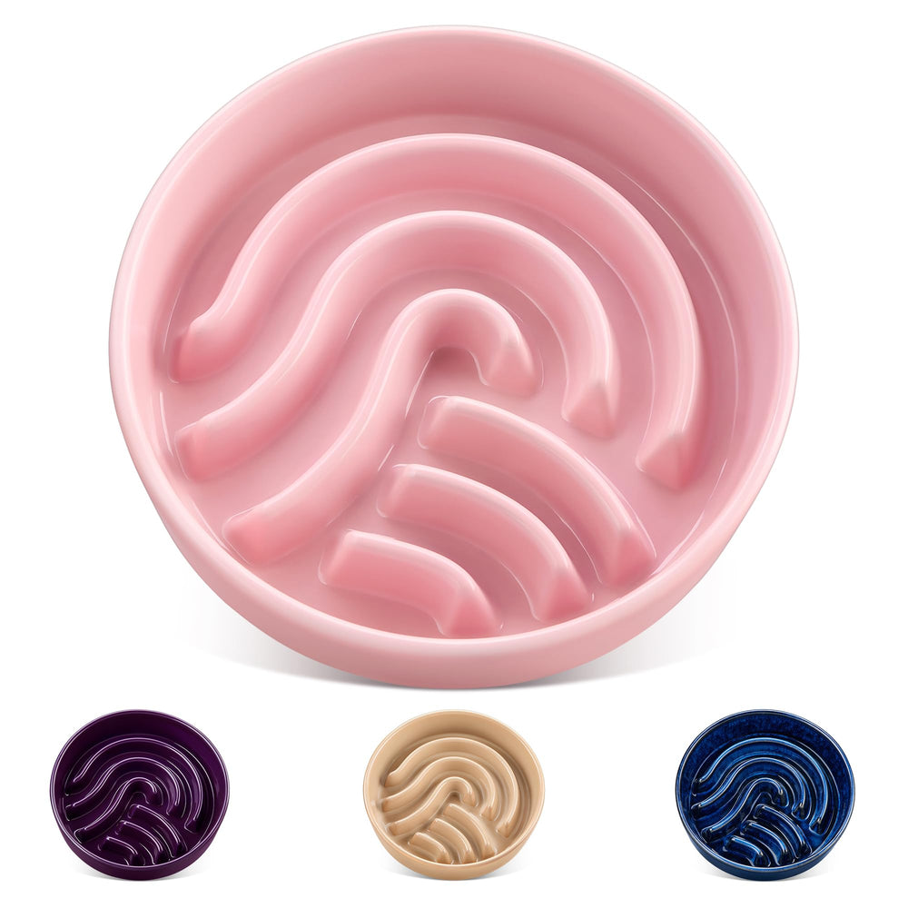 Vancasso slow feeder bowl ceramic 1.5 cup pink top view showing a maze for slower eating.