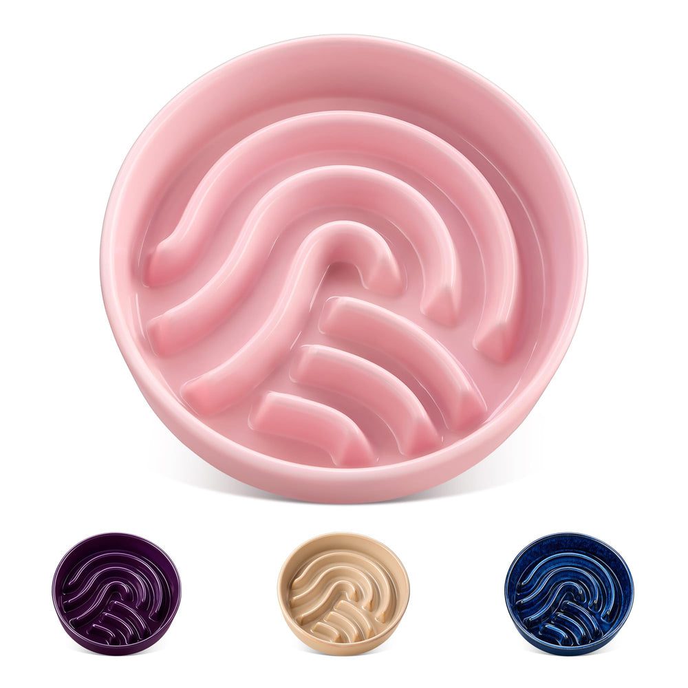 Vancasso slow feeder dog bowl pink front view supports slower eating for mindful meals.
