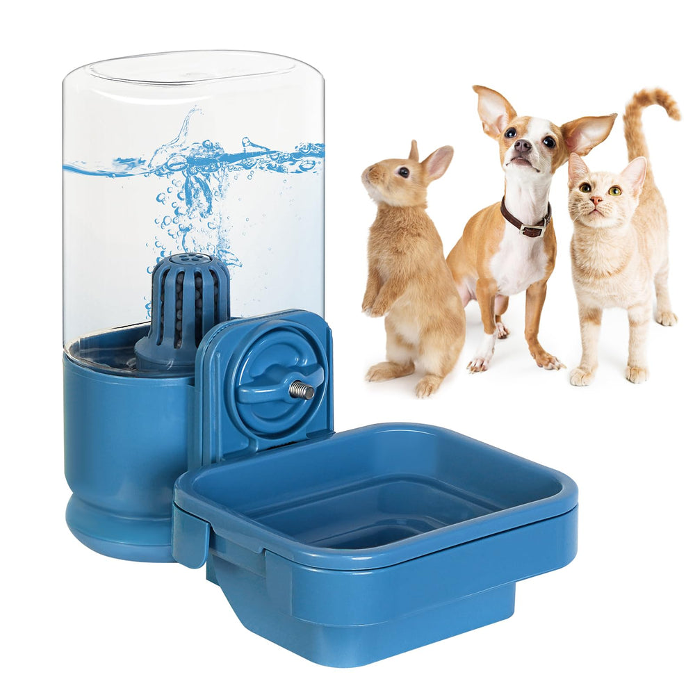 Vannon blue small-animal water dispenser on crate with gravity refill for steady hydration.