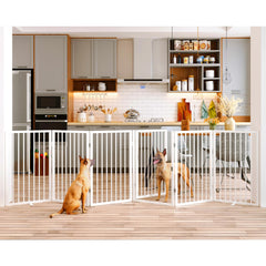 Vantas folding pet gate shows 120W x 32H dimensions for wide containment