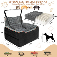 Vdamu booster seat for two small dogs enables secure, comfortable travel.