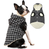 Vecomfy fleece-lined dog hoodie plaid close-up showing fleece warmth for winter walks