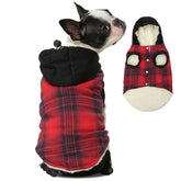 Vecomfy dog hoodie in red plaid fronts provides snug warmth for small dogs during chilly walks.
