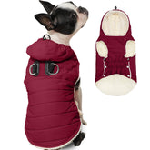 Vecomfy fleece-lined dog hoodie front view shows secure built-in harness for winter walks.