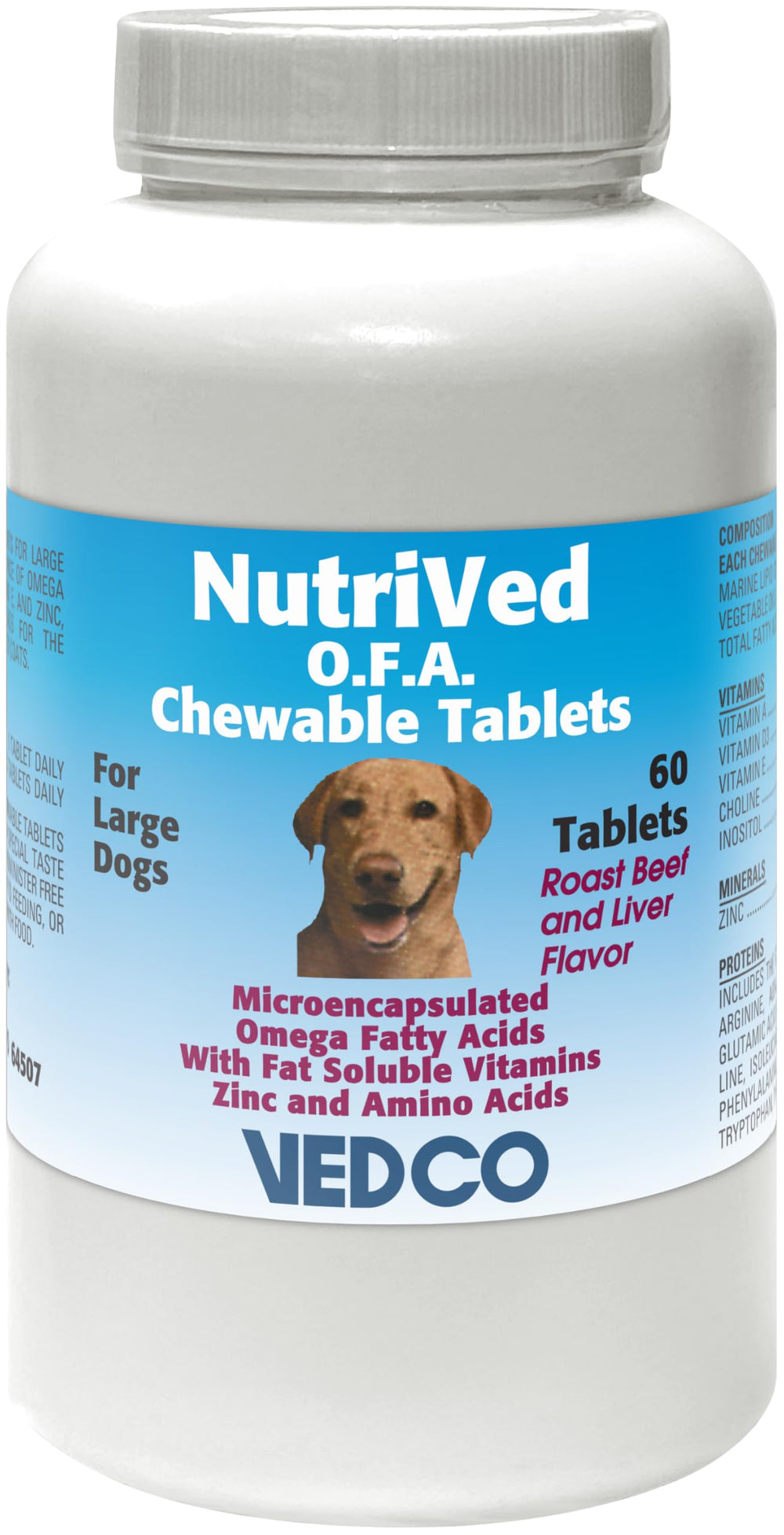 Vedco Nutrived O.F.A. chewable tablets for large dogs promote healthy skin and coat.