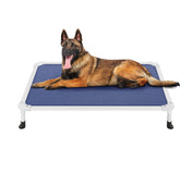 Veehoo chew-proof elevated dog bed with silver frame for durable outdoor lounging.