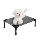 Veehoo outdoor elevated dog bed side view shows compact 22x17 frame for small dogs