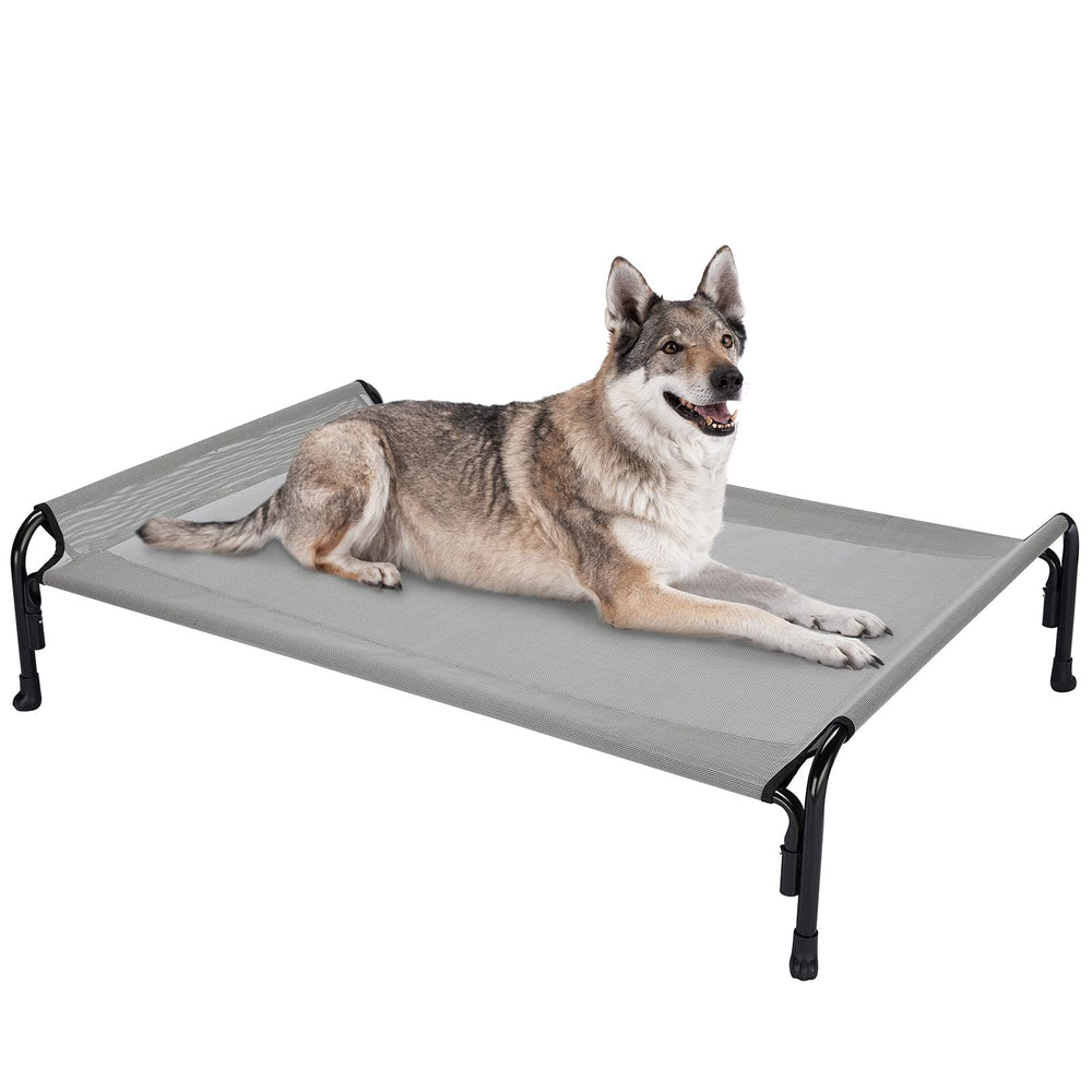 Veehoo outdoor elevated dog bed front view highlights spacious frame for large dogs' comfort