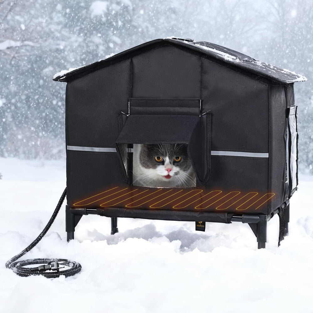 Veehoo outdoor heated cat house exterior offers weatherproof shelter for stray cats in harsh conditions.