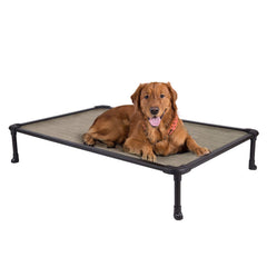 Veehoo chew-proof elevated dog bed in beige shows durable frame and elevated comfort