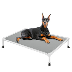 Veehoo chew-proof elevated bed frame close-up in silver shows durable, rust-resistant aluminum
