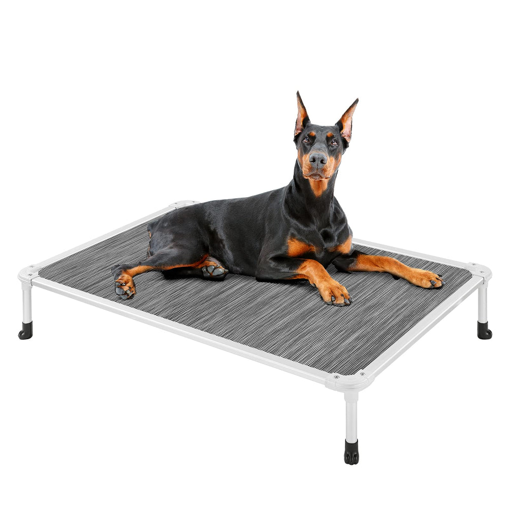 Veehoo chew-proof elevated bed frame shows rustproof aluminum durability.