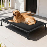 Veehoo chewproof elevated bed front view shows sturdy frame for dogs.