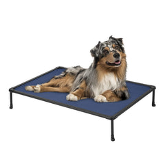 Veehoo chewproof elevated dog bed blue mat promotes cool, comfortable rest.