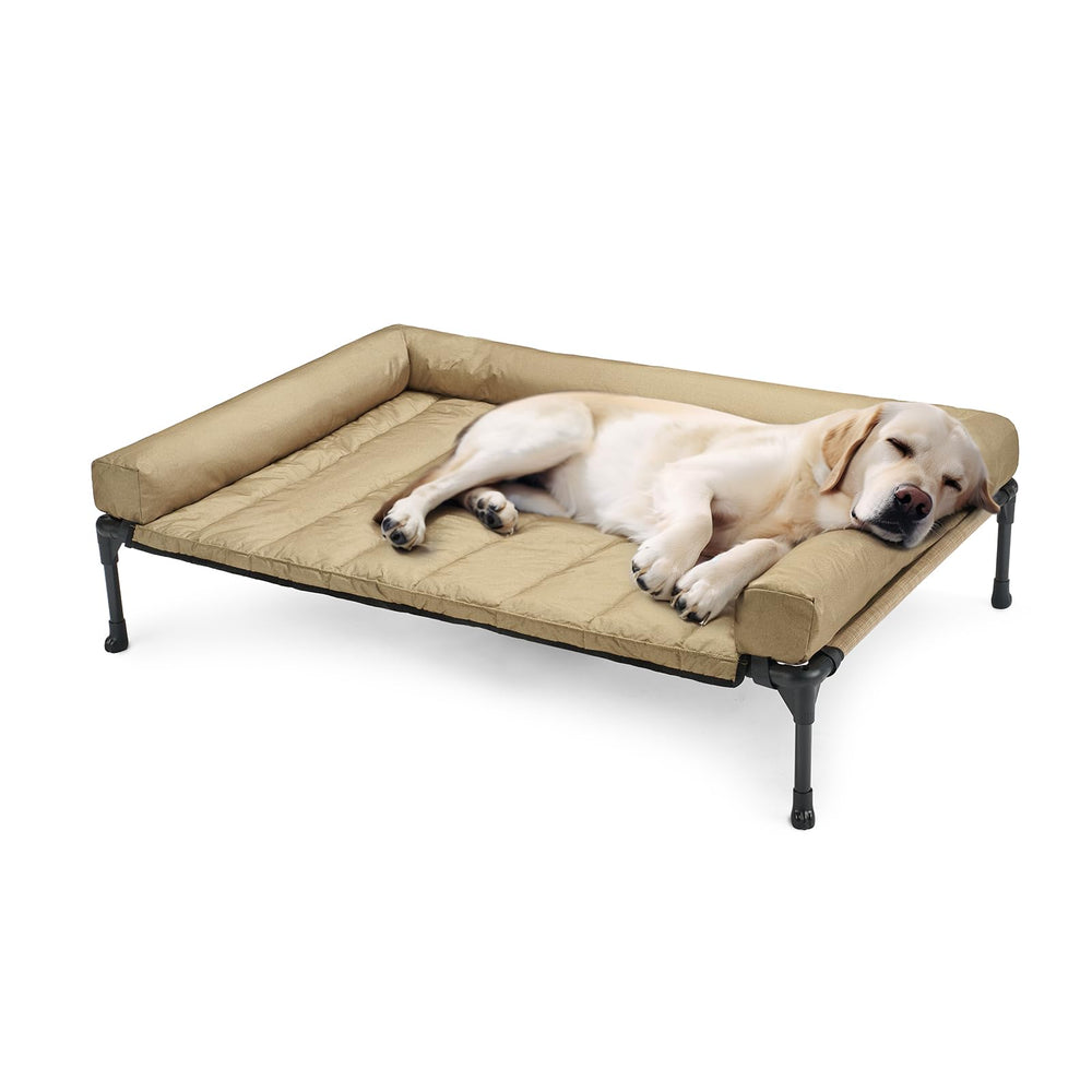 Veehoo cooling elevated dog bed frame demonstrates sturdy design for indoor lounging and outdoor use.