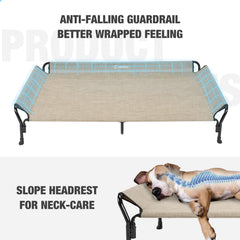 Veehoo cooling elevated dog bed side view highlighting guardrails and raised support.