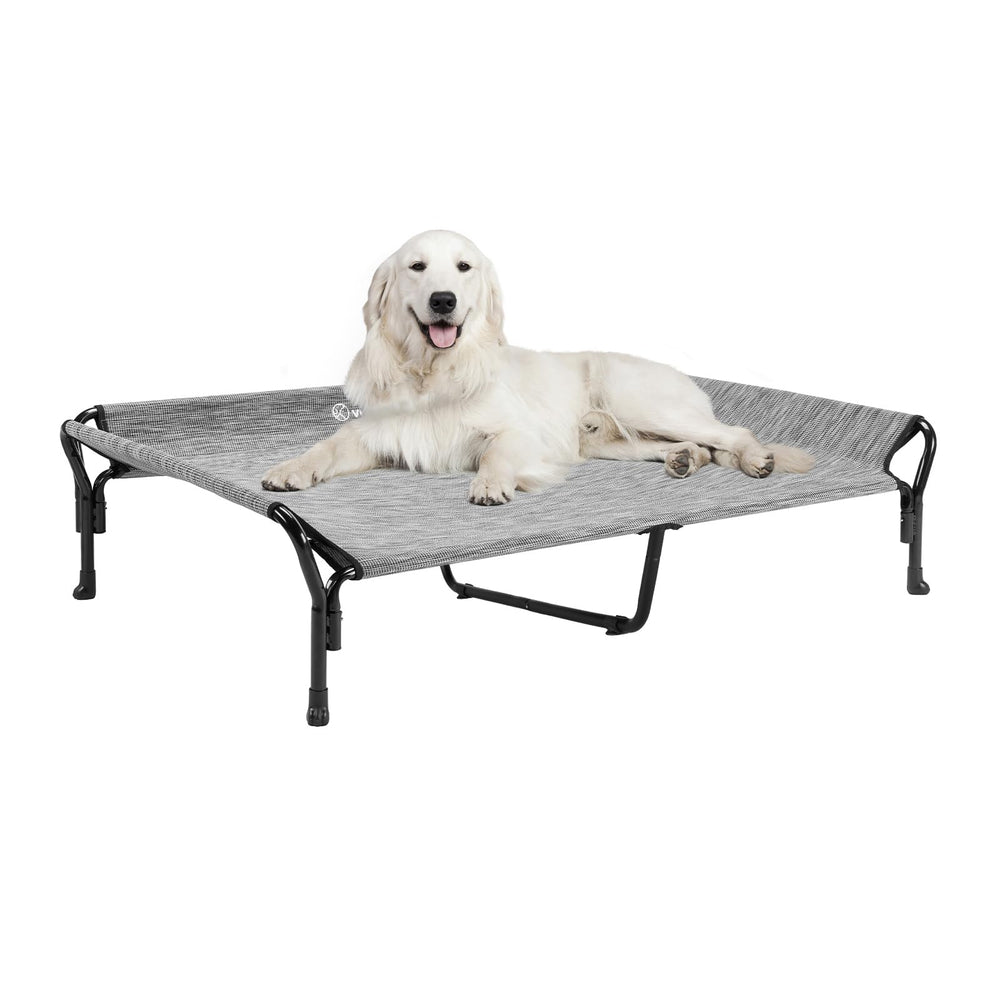 Veehoo cooling elevated dog bed with guardrail offering big-dog safety for outdoor lounging.