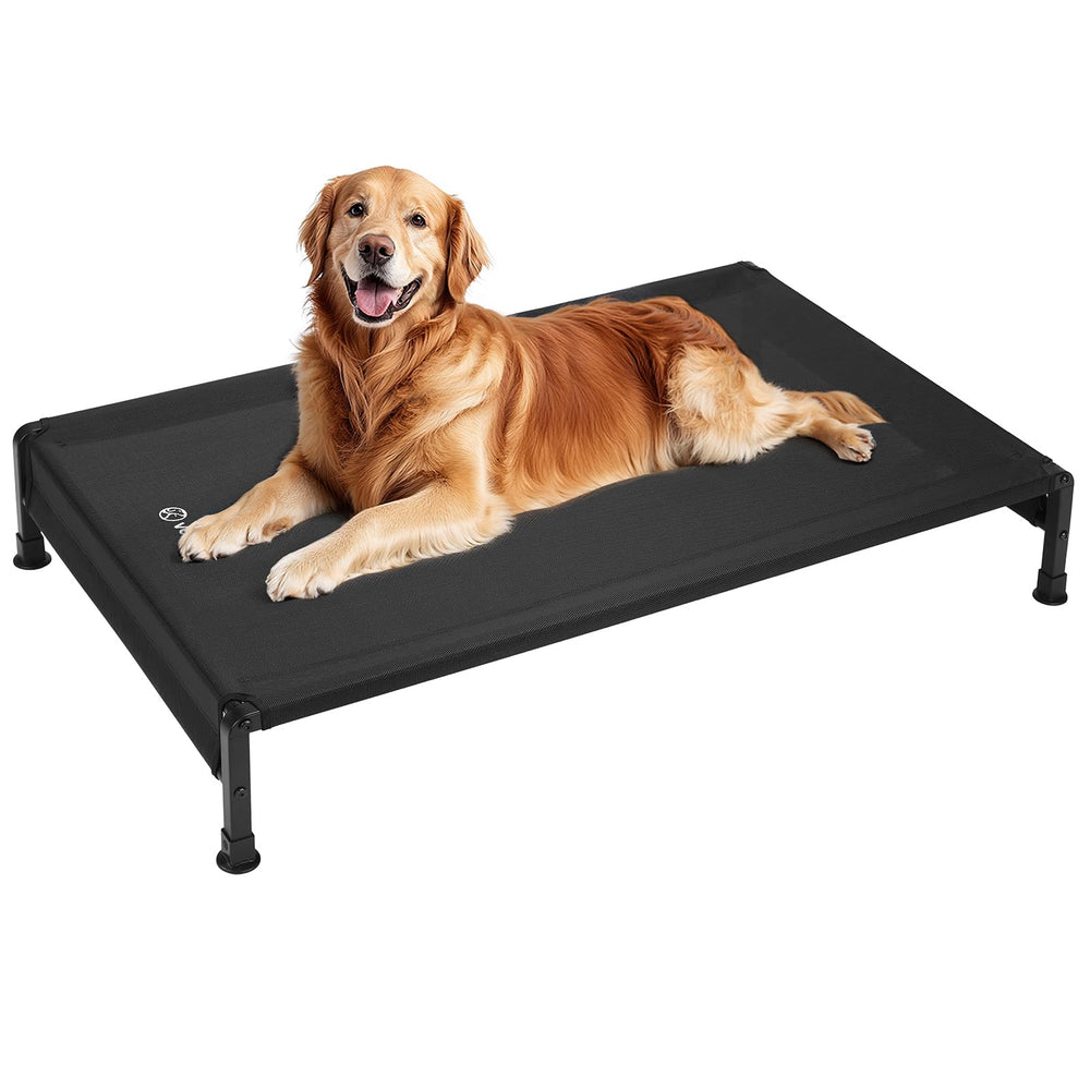 Veehoo cooling outdoor dog bed frame supports large breeds with sturdy 47x29 inches footprint.