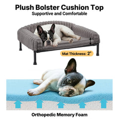 Veehoo elevated dog bed gray bolster detail shows three-sided surround for security