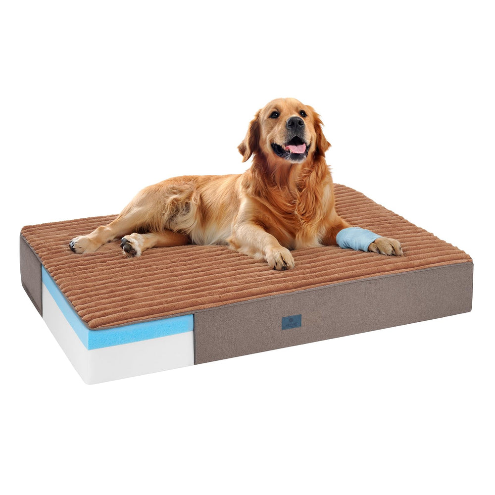 Veehoo orthopedic memory foam dog bed with plush fur surface for cozy rest.