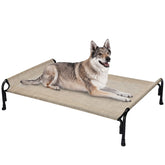 Veehoo outdoor elevated dog bed frame closeup shows durable powder-coated steel for outdoor use