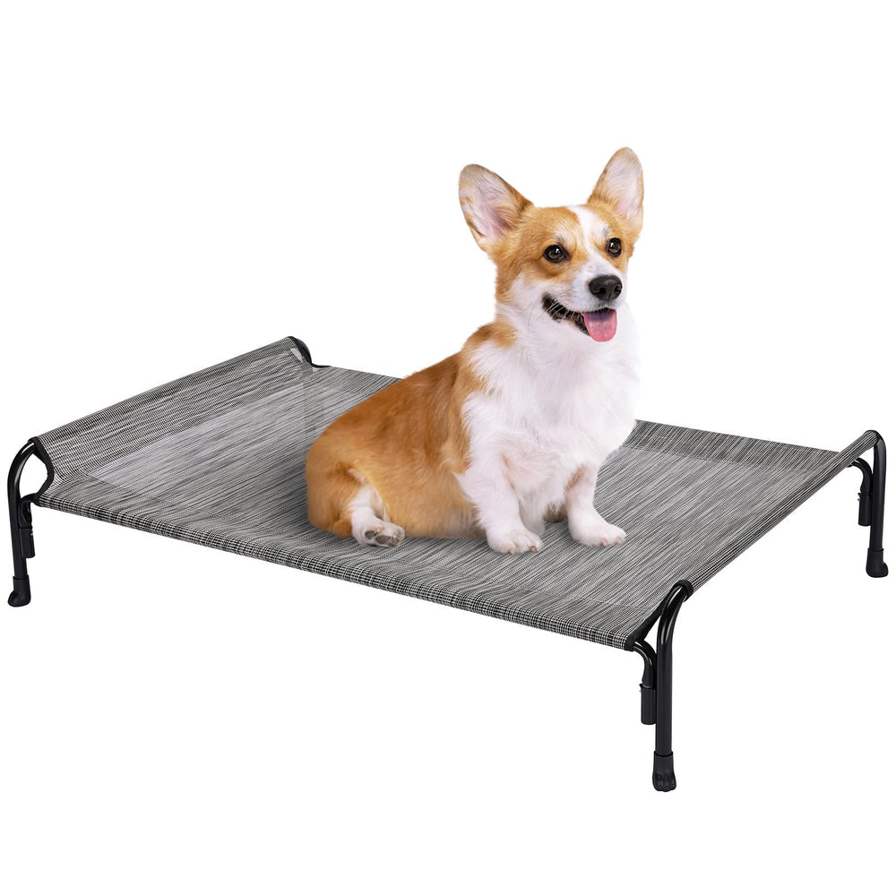 Veehoo outdoor elevated dog bed front view; sturdy frame supports dogs up to 60 lbs outdoors.