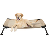 Veehoo outdoor elevated dog bed side view highlights beige fabric and black legs for durability.