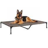 Veehoo outdoor elevated dog bed XL, side view highlighting sturdy brown frame for durability.