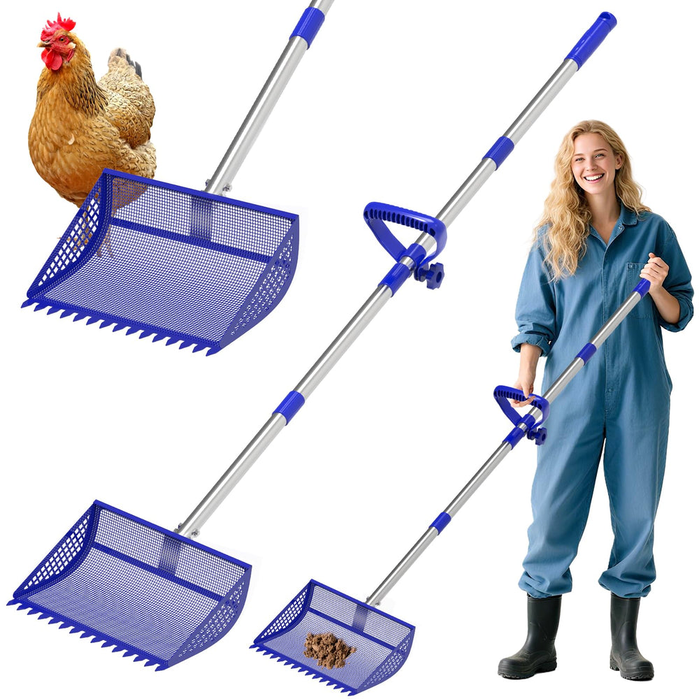 VEEMI chicken poop scooper-2-in-1 blue in-use for efficient coop cleanup.