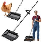 VEEMI Chicken Poop Scooper-Rake 2-in-1 in action; adjustable length reduces bending.