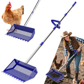 VEEMI 2-in-1 chicken poop scooper and rake in blue for quicker coop cleanups.
