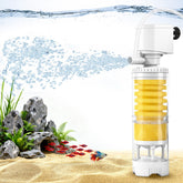 Vehipa fish tank-filter-front-view highlights compact 4-in-1 design for 10-20 gallon tanks.