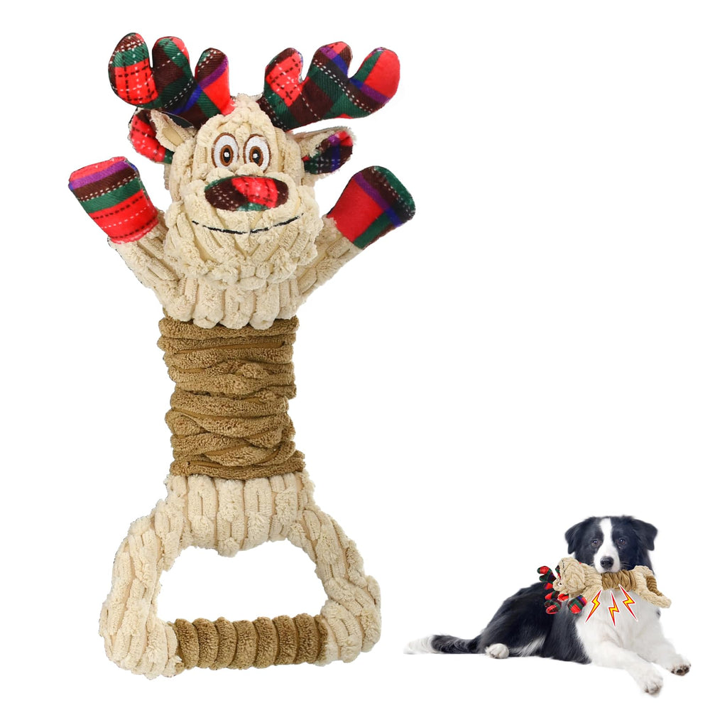 Vehomy Christmas Santa dog toy designed for festive play with bite resistant corduroy.