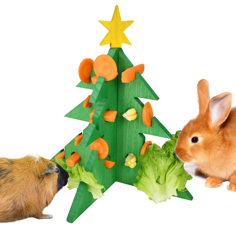 Vehomy Christmas tree foraging toy setup in cage encourages interactive feeding.
