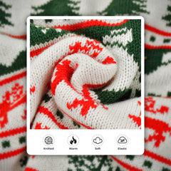 Vehomy dog Christmas sweater pattern detail shows trees, bells, and snowflakes for festive photos.