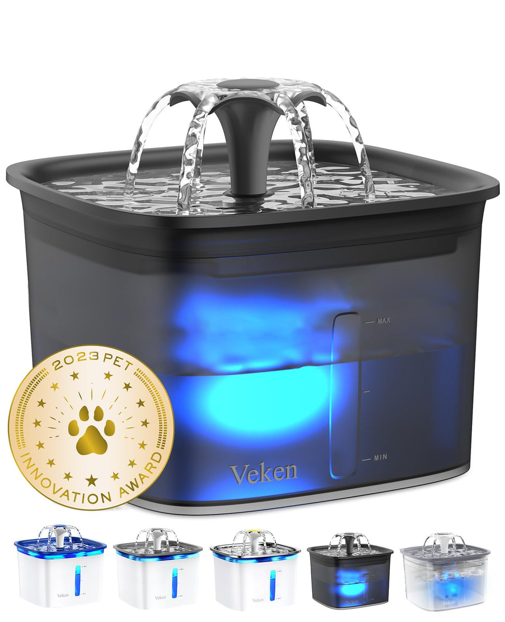 Veken pet fountain front view shows spacious 2.8L design for multi-pet use.