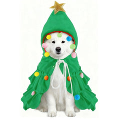 Vellibring dog Christmas outfit with green cloak and hat featuring star for festive photos