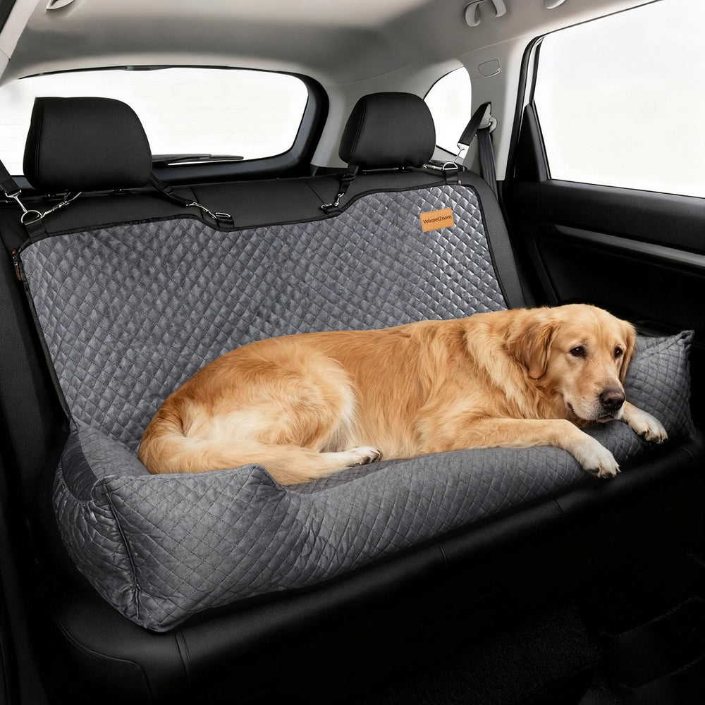Velupet Zoom dog car seat shows a 47.2-inch bed securing a large dog during car trips.